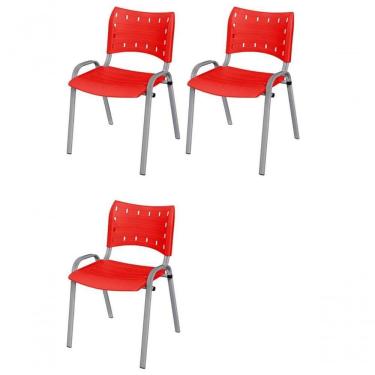 Imagem de Cadeira Iso Base Cinza, Igreja, Escola, Escritório - Vermelho Kit 3 Peças