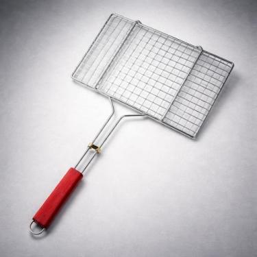 Imagem de Grelha Dupla para Churrasco em Aço Inox com Cabo de Madeira - Genérica
