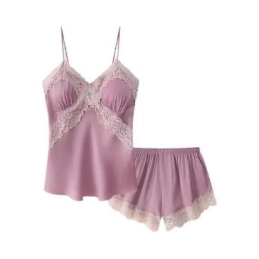 Imagem de Conjunto De Pijama Em Cetim Preto Com Renda Para Mulheres, Top Cami Se