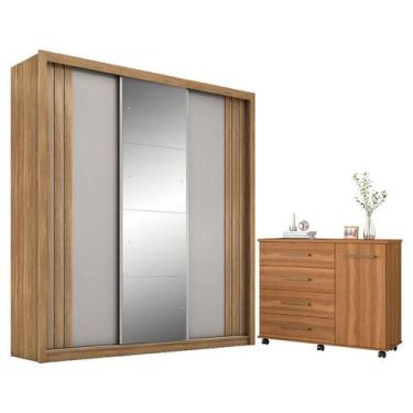 Imagem de Cômoda Flora e Guarda Roupa Casal Moema Amêndola Nude Flex com Espelho