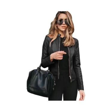 Imagem de Jaqueta Curta Feminina De Couro PU Com Zíper Para Outono Inverno - Mod