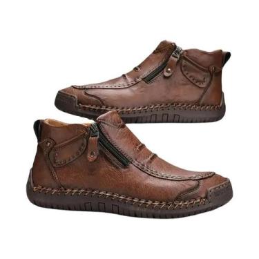 Imagem de Tênis De Couro Feitos À Mão Para Homens Com Zíper, Botas Casuais Plana