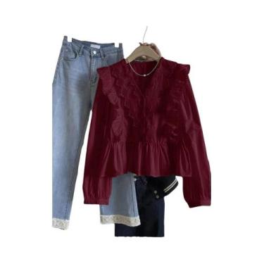 Imagem de Blusa Feminina Casual De Outono Com Renda E Babados Em Cor Sólida, Man