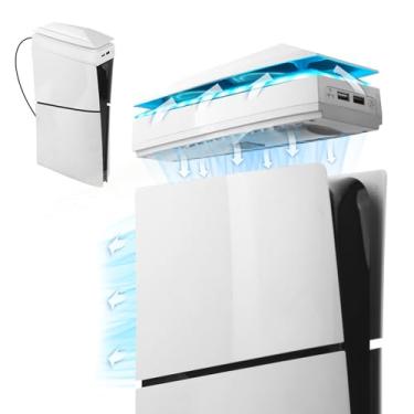 Imagem de Raryars Ventilador de resfriamento de console compatível com PS5 Slim com tampa contra poeira Luz LED colorida para PS5 Slim Console Disc Edition e Digital Edition Silent Absorb Fan Cooler com 2 portas USB Sistema de resfriamento Playstation 5 Slim