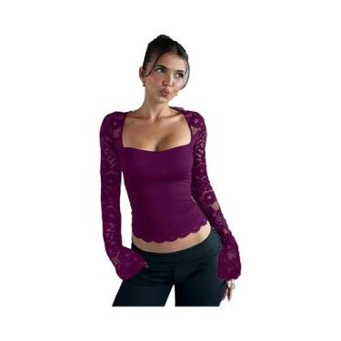 Imagem de Camiseta Cropped Feminina De Manga Longa Com Gola Quadrada, Renda E Es
