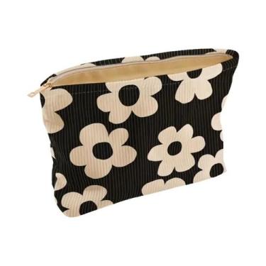Imagem de 1 peça base preta com flores brancas, bolsa para maquiagem, portátil e
