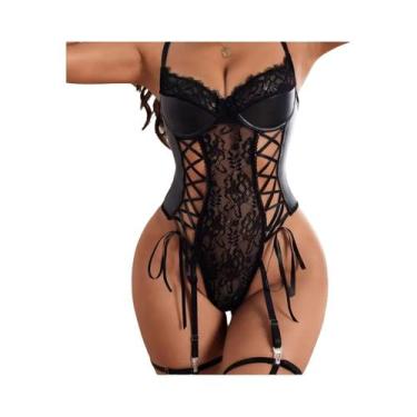 Imagem de Bodysuits De Couro Preto Com Renda Para Mulheres, Conjunto De Lingerie