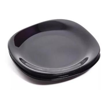 Imagem de Kit de 06 Pratos Grande Quadrado vidro 28cm Preto Jantar e Almoço - NI
