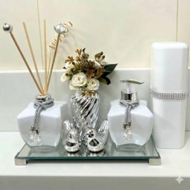 Imagem de Kit Lavabo + Bandeja + Aromatizador + Saboneteira+ Enfeite Porcelana + Vaso Decorativo + Porta Escova de Dente + Kit Varetas Difusoras Combo para Banheiro KAR57 Coleção Grécia2