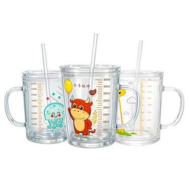 Imagem de Kit 3 Caneca 350ml Infantil Medidora Tampa Canudo Alça Vitamina Vidro 
