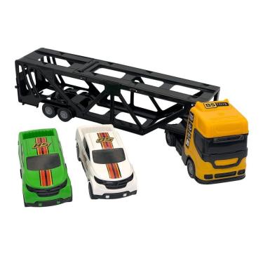 Imagem de Mini Cegonheiro de Brinquedo com 2 Carrinhos e Rampa Traseira Amarelo Bs Toys