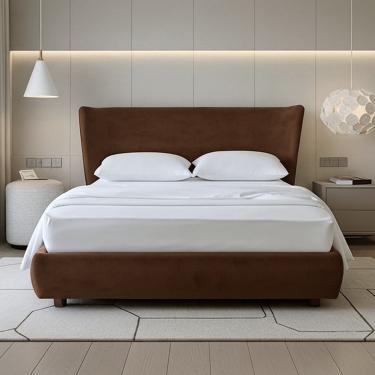 Imagem de Cama Japonesa Casal com Cabeceira Seo Estofada em Veludo Marrom Madeira Eucalipto Sallar Home