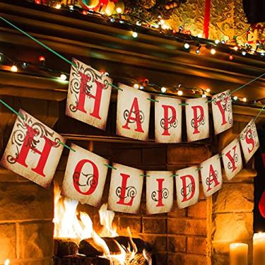 Imagem de Whaline Faixa de Natal pré-montada Happy Holidays para decoração de Natal vintage para escritório em casa, ambientes internos e externos, lareira, decoração de pendurar