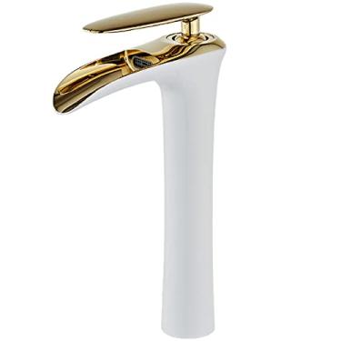 Imagem de Torneira de banheiro com cascata com torneira de vaidade de dreno pop-up torneira de banheiro de alça única casa de fazenda RV torneira da bacia do navio montagem do deck, ouro branco