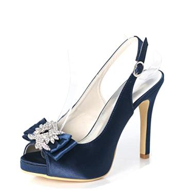 Imagem de Sapatos de casamento de noiva de salto alto de cetim marfim Peep Toe feminino sapatos de salto agulha com strass 35-42,Dark blue,9 UK/42 EU