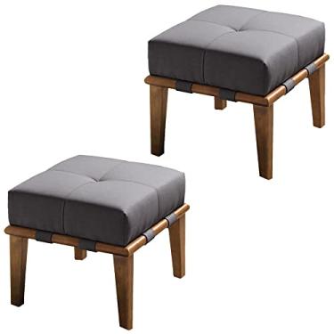Imagem de Kit 02 Puffs Decorativos 45cm Martínez Linho Pés Madeira Cinza/Natural G62 - Gran Belo