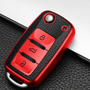 Imagem de YJADHU Capa de chave de carro masculina e feminina de couro TPU, apto para Volkswagen VW Bora Polo Tiguan Jetta Passat B5 B6 B7 Golf Beetle Skoda Octavia, vermelha
