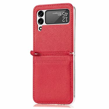 Imagem de Capa protetora de couro com design dobrável para Samsung Galaxy Z Flip 4 5G Flip4 Flip3 Flip 3 Zflip4 Capa titular do cartão, vermelho, para Samsung Z Flip 4