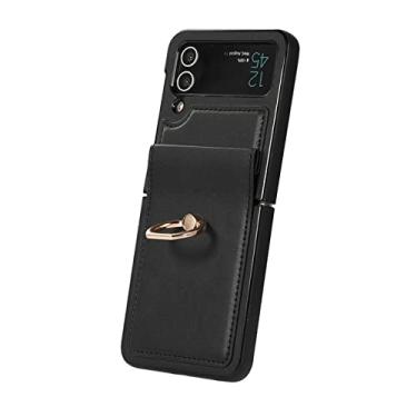 Imagem de Capa de telefone com suporte de anel para Samsung Z Flip4 Flip3 para Galaxy Z Flip 4 3 5G capa de couro protetora dobrável com tudo incluído, preta, para Galaxy Z Flip4