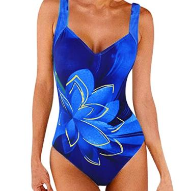Imagem de SLENDIPLUS Maiô com alça para praia, feminino, maiô de uma peça, estampado, slim, shorts neon, Azul, GG