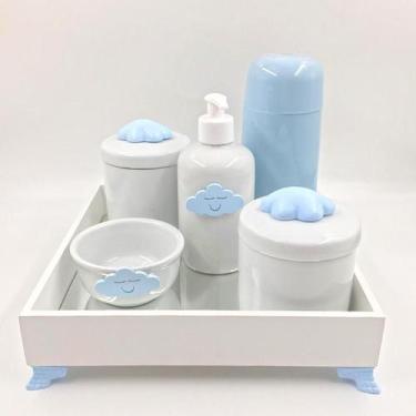 Imagem de Kit Higiene Bebê Porcelana Nuvem Bandeja Mdf Garrafa Azul 6Pçs - Tg De