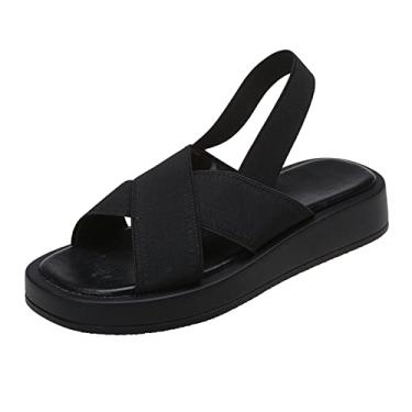 Imagem de Sandália feminina fashion cor sólida tecido elástico alça casual leve plataforma sandálias de inverno meias para mulheres antiderrapantes (preto, 38)