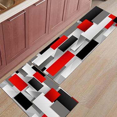 Imagem de Tapete de corredor de cozinha, abstrato 3D padrão geométrico quadrado vermelho preto cinza antiderrapante corredor tapete tapete de porta tapete para lavanderia cabeceira banheiro quarto conjunto de 2