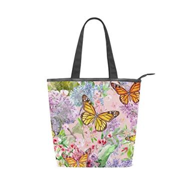 Imagem de Bolsa feminina de lona durável, aquarela, primavera, flores, borboletas, bolsa de ombro para compras de grande capacidade