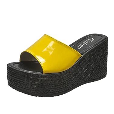 Imagem de Sandálias femininas plataforma PU cor sólida moda primavera e verão sandálias femininas boca de peixe fundo grosso (amarelo, 38)