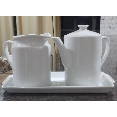 Imagem de Jogo Café e Chá Mesa Posta, Bandeja + Bule bico longo 800ml + Jarra Leiteira 800ml - Kit Porcelana Branca