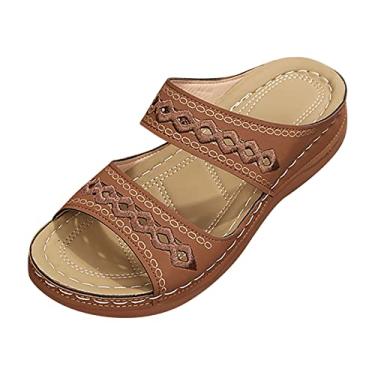 Imagem de Sandálias femininas de verão lisas sem cadarço casual bico aberto anabela sola macia chinelos respiráveis sandálias sapatos sandálias, Marrom, 6