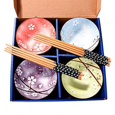 Imagem de LMRLCS Conjunto de 4 tigelas de arroz japonês e hashis com caixa delicada de cerâmica para sopa e lanche inclui quatro cores