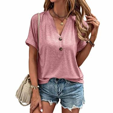 Imagem de Camisetas femininas casuais de manga curta, pulôver blusa de verão gola V blusas femininas de chiffon, rosa, 3GG (busto: 126 cm)