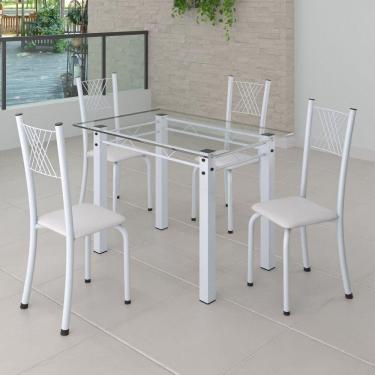 Imagem de Conjunto de Jantar Mesa 100x60cm Tampo de Vidro Incolor com 4 Cadeiras Sara Yescasa Branco Liso/Branco