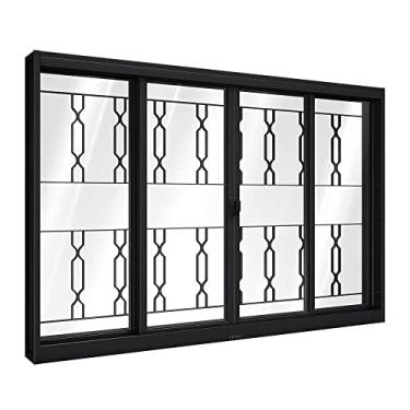 Imagem de Janela de Correr de Aço 100 x 120 x 12 cm Preto 4 Folhas Grade Mosaico Riobras Pronta