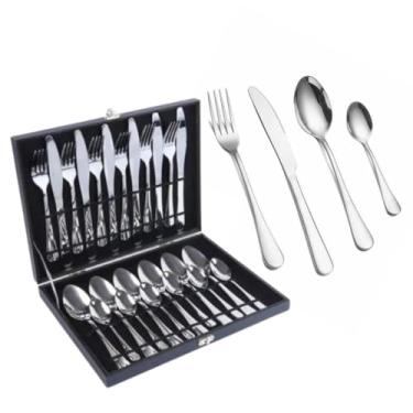 Imagem de Faqueiro De Inox Kit com 24 Talheres Prateados 6 Colheres De Sopa, 6 Colheres De Sobremesa, 6 Garfos e 6 Facas Sem Ponta Com Uma Caixa Organizadora De Madeira E Veludo Qualidade PREMIUM SYANG