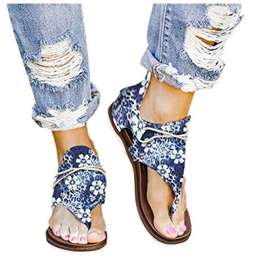 Imagem de Sandálias femininas modernas com zíper sandálias planas com estampa floral casual confortável peep toe sapatos, Azul, 7.5