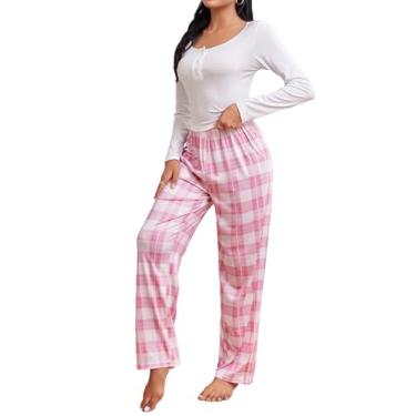 Imagem de SOLY HUX Conjunto de pijama feminino manga longa com botão frontal e calça xadrez estampado conjunto pijama 2 peças loungwear, Xadrez branco e rosa, M