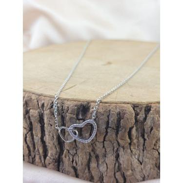 Imagem de Colar De Prata 925 Coracão Duplo Cravejado Com Zircônia E Liso