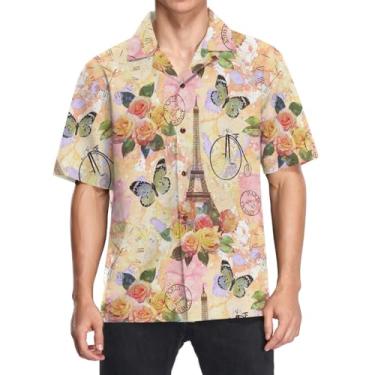 Imagem de Camisas havaianas masculinas manga curta ajuste solto com botões camisa casual Aloha Beach Shirt, Rosas e borboletas vintage da Torre Eiffel, P