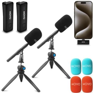 Imagem de Movo Mini microfone sem fio UC-Duo USB-C sem fio para iPhone 15/16/Android/PC/MacBook, conjunto de equipamentos de podcast com alça WMX-HM/suporte de microfone de mesa para podcasts, entrevistas e