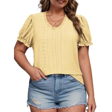 Imagem de ROSRISS Camisetas plus size femininas de verão, ilhós, renda, túnicas de manga curta, 03 amarelo, 4G