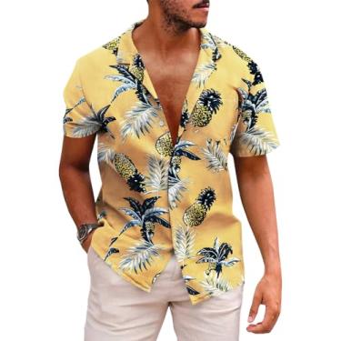 Imagem de Runcati Camisa masculina havaiana de manga curta com botões e estampa de palmeira cubana para férias tropicais, Amarelo, XXG