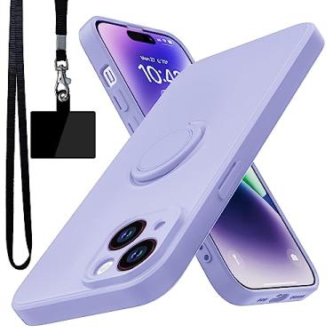 Imagem de YSLBWLE Capa para iPhone 14, suporte de anel giratório de 360° integrado | Forro de microfibra macio antiarranhões | Suporte para carro | Capa de celular para iPhone 14 para meninas e mulheres roxa