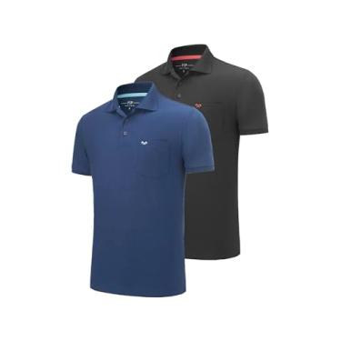 Imagem de FASHIONSPARK Pacote com 2 camisetas polo masculinas com bolso, manga curta, golfe, absorção de umidade, camisetas casuais para treino, Preto/Azul Escuro, P