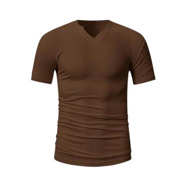 Imagem de WDIRARA Camiseta masculina de malha canelada com gola V entalhada, manga curta, camiseta de verão, Marrom café, G