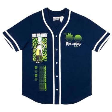 Imagem de RICK AND MORTY Camisa masculina de beisebol atlética casual abotoada manga curta para homens e mulheres, Azul marino, P