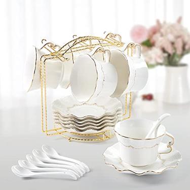 Imagem de Xícaras de chá e pires DUJUST Conjunto de 6 (200 ml), com acabamento dourado, xícaras de café com estampa em relevo com suporte de metal, conjunto de chá de porcelana real britânica – branco