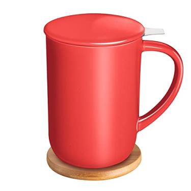 Imagem de CEEFU Caneca de chá de porcelana com infusor e tampa, conhecimento de chá com filtro e porta-copos, copo de chá de folha solta, 473 ml para chá café leite feminino presente de casa de escritório (vermelho)