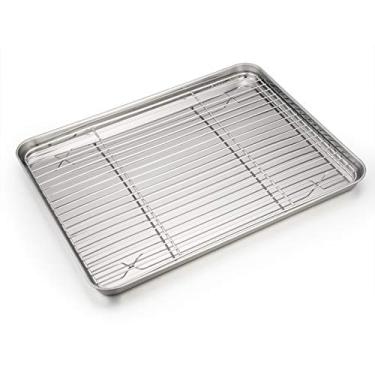 Imagem de P&P CHEF Assadeira de 40,6 cm com conjunto de rack, bandeja de aço inoxidável para cookies com rack de resfriamento para uso no forno, assar na cozinha, não tóxico e seguro para lava-louças